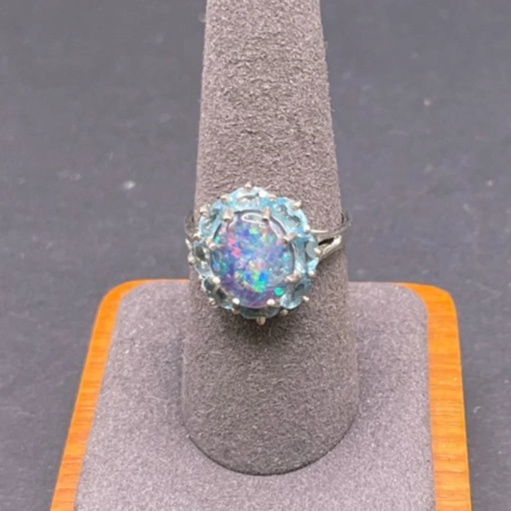 Vintage Sterling Silver 925 Fire Opal Glass Ring Size 8.5 Statement Solitaire